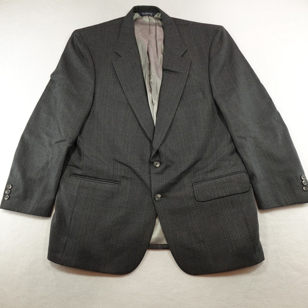 Vintage Burberry Blazer Jacket Mens 42R Grey‎ Plaid Sport Coat Suit Dress Saks